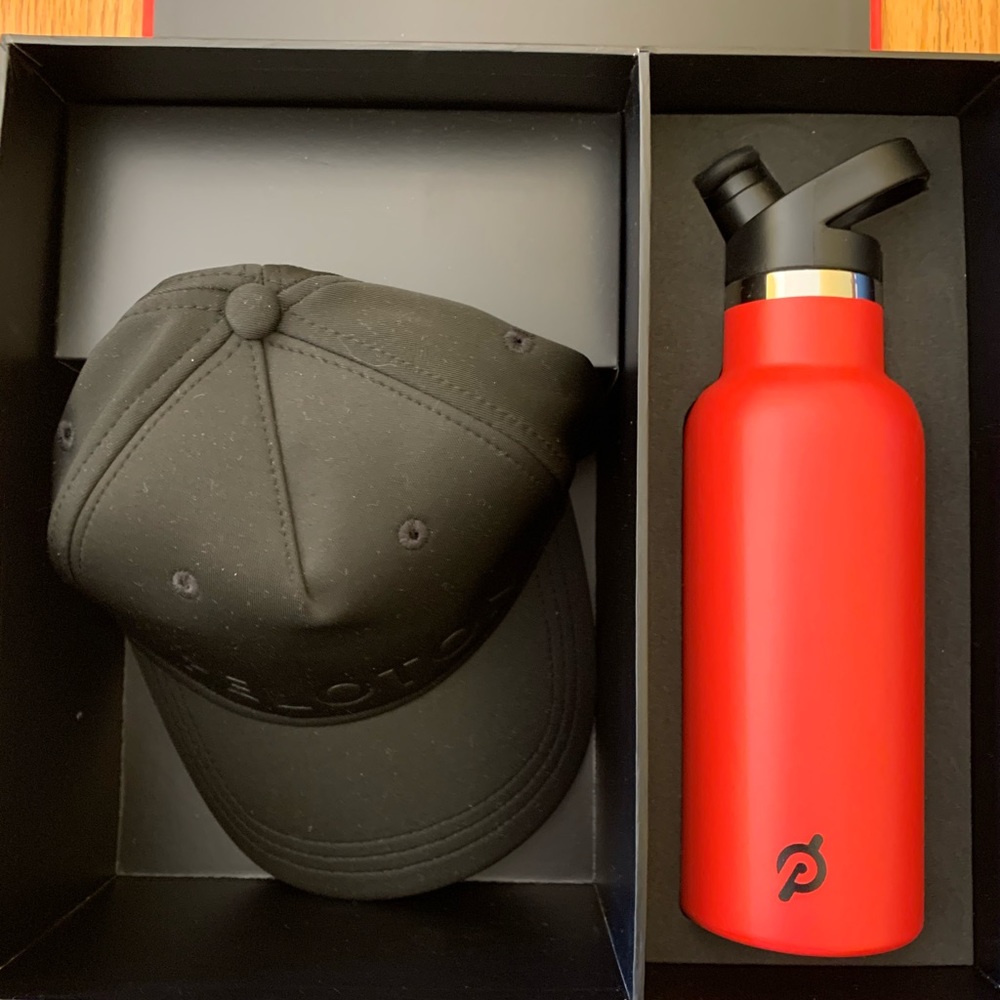 Peloton water bottle and hat